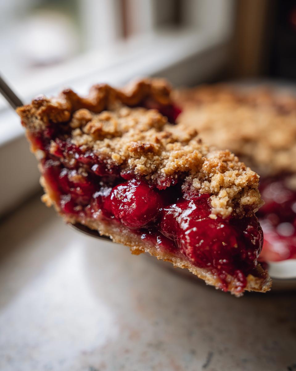 Close-up of a slice of classic cherry cobbler being lifted, showing juicy red cherries and a golden crumble topping.