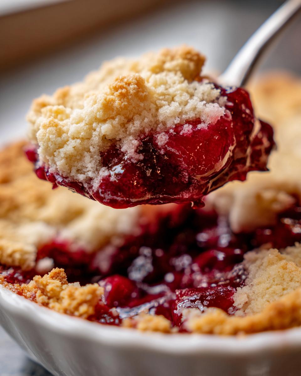 Close-up of a spoonful of warm, bubbling Classic Cherry Cobbler showing juicy cherries and golden crumb topping.