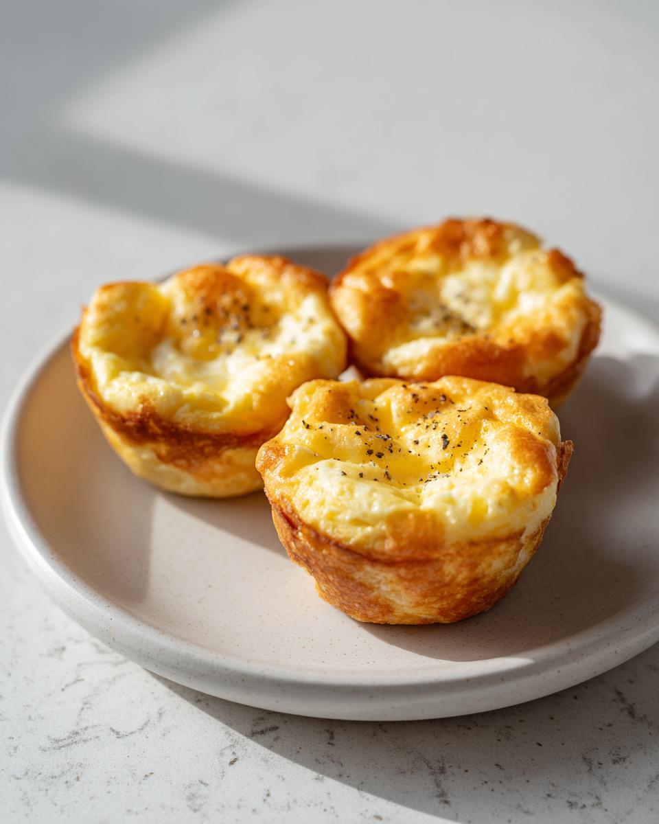 Three golden brown Cottage cheese egg bites sprinkled with black pepper, served on a light speckled plate.
