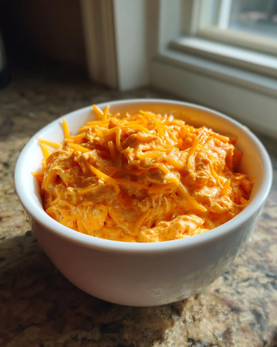 Close-up of a white bowl filled with creamy, orange Buffalo chicken dip topped generously with shredded cheddar cheese.