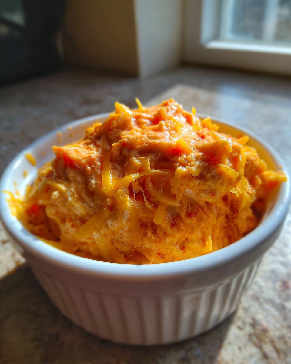 A close-up, sunlit shot of creamy, orange Buffalo chicken dip topped with shredded cheese in a small white ramekin.