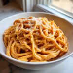 Close-up of creamy, orange-hued Carbonara buldak ramen noodles topped with grated cheese in a white bowl.