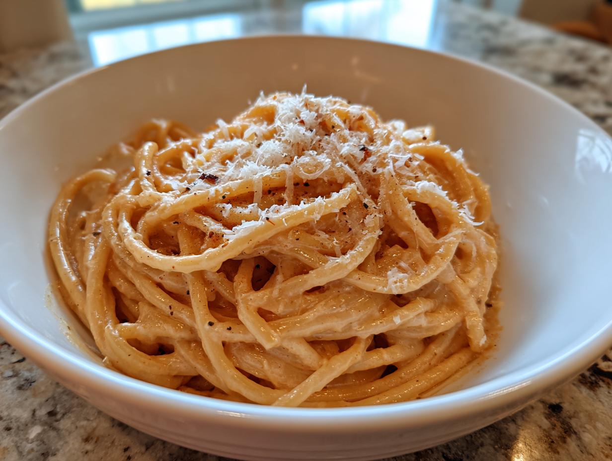 Close-up of creamy Carbonara buldak ramen noodles topped with grated cheese and black pepper in a white bowl.