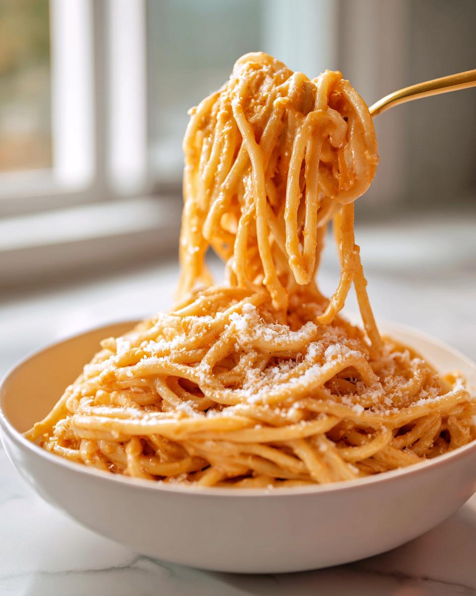 Close-up of creamy Carbonara buldak ramen noodles being lifted from a white bowl with a gold fork, topped with grated cheese.