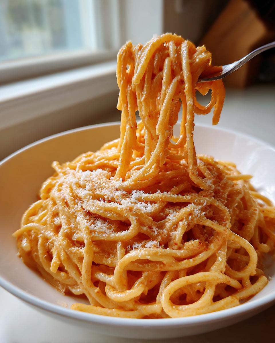A fork lifting creamy, orange-hued noodles from a bowl of Carbonara buldak ramen, topped with grated cheese.