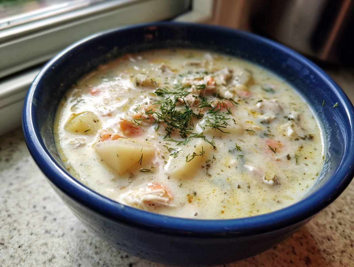 Close-up of a rich, creamy bowl of clam chowder garnished with fresh dill.