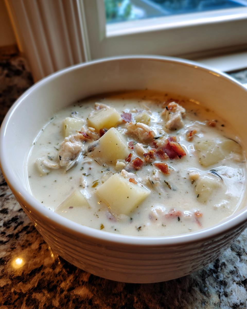 Close-up of a white bowl filled with creamy clam chowder, featuring chunks of potato and topped with crispy bacon bits.