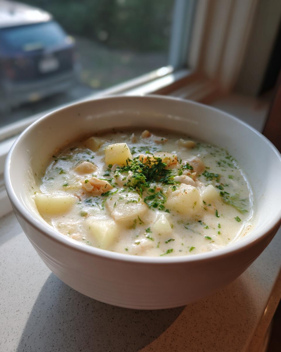 A white bowl filled with creamy clam chowder, featuring visible chunks of potato and topped with fresh chopped parsley.