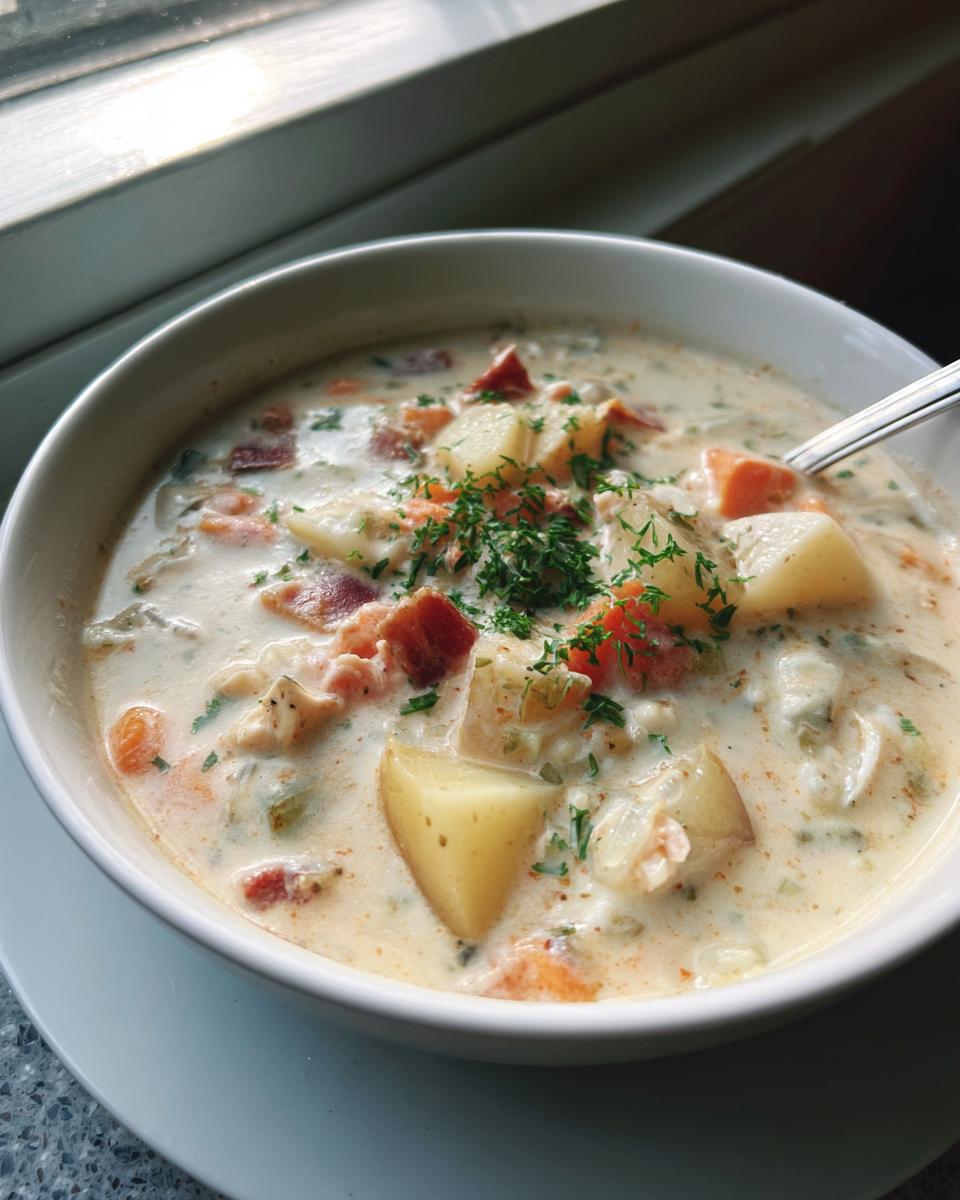 A close-up of a creamy bowl of clam chowder, topped with potatoes, bacon, and fresh parsley.