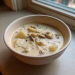 A close-up of a creamy bowl of clam chowder featuring chunks of potato and visible clams, seasoned with herbs.