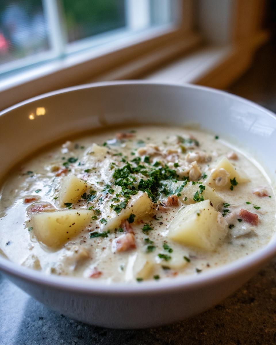 Close-up of a white bowl filled with creamy clam chowder, featuring chunks of potato, bacon bits, and fresh parsley garnish.