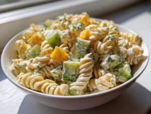 Close-up of a creamy Dill pickle pasta salad featuring fusilli pasta, chunks of pickle, and fresh dill.