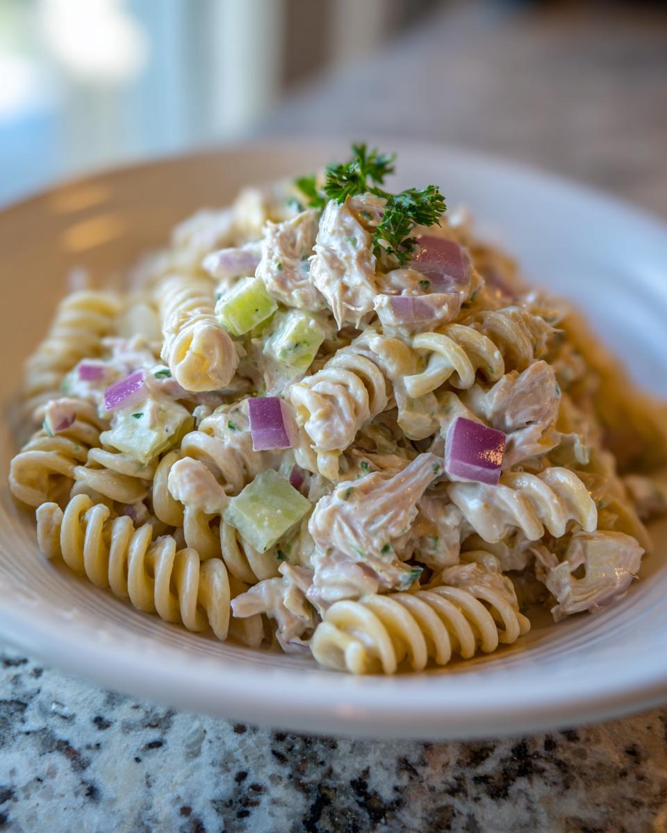 Close-up of creamy Tuna pasta salad made with rotini pasta, chunks of tuna, red onion, and celery, garnished with parsley.