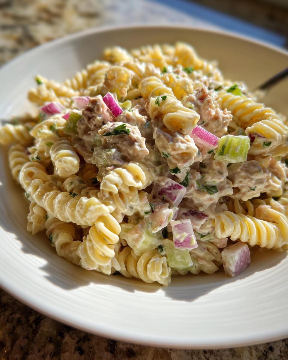Close-up of a bowl of creamy Tuna Pasta Salad featuring rotini pasta, tuna chunks, diced red onion, and celery.