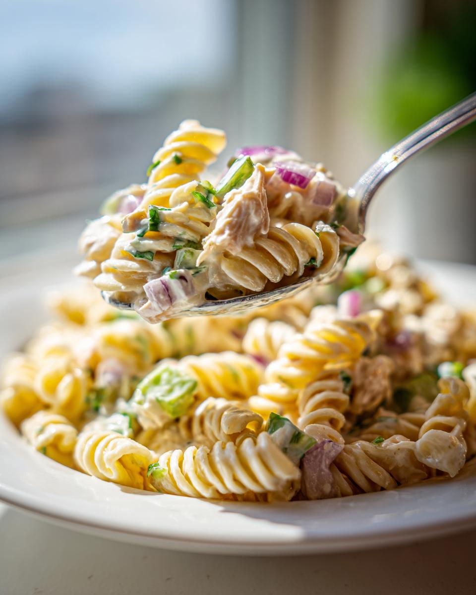 A spoonful of creamy tuna pasta salad featuring rotini, red onion, and celery being lifted from a white plate.
