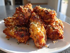 A close-up of crispy, golden-brown Garlic parmesan chicken wings sprinkled with grated cheese and parsley.