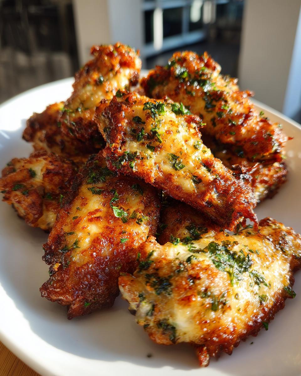 A close-up of several crispy, golden-brown Garlic parmesan chicken wings topped with chopped parsley on a white plate.