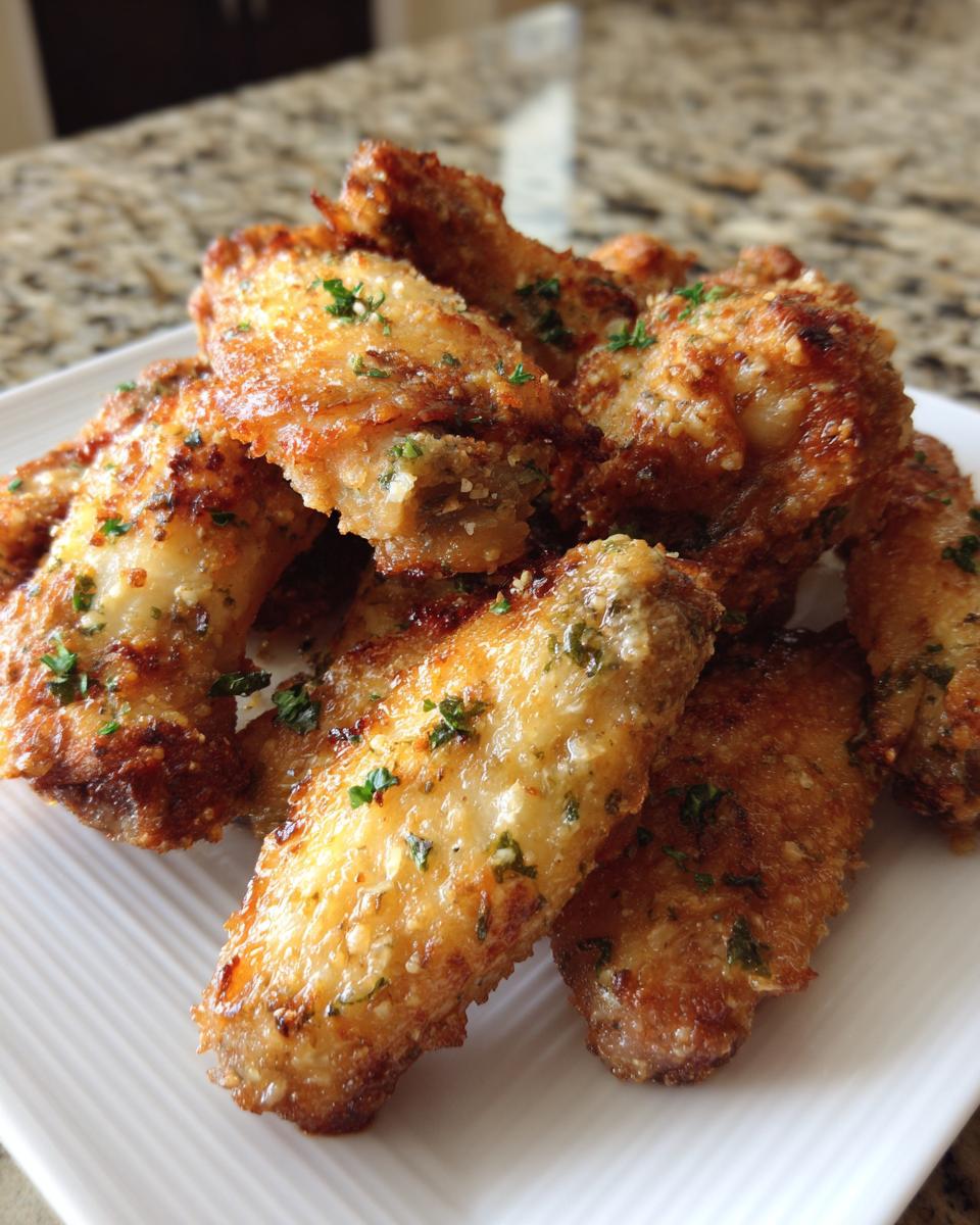 A close-up of golden brown, crispy Garlic parmesan chicken wings piled on a white plate, sprinkled with parsley.