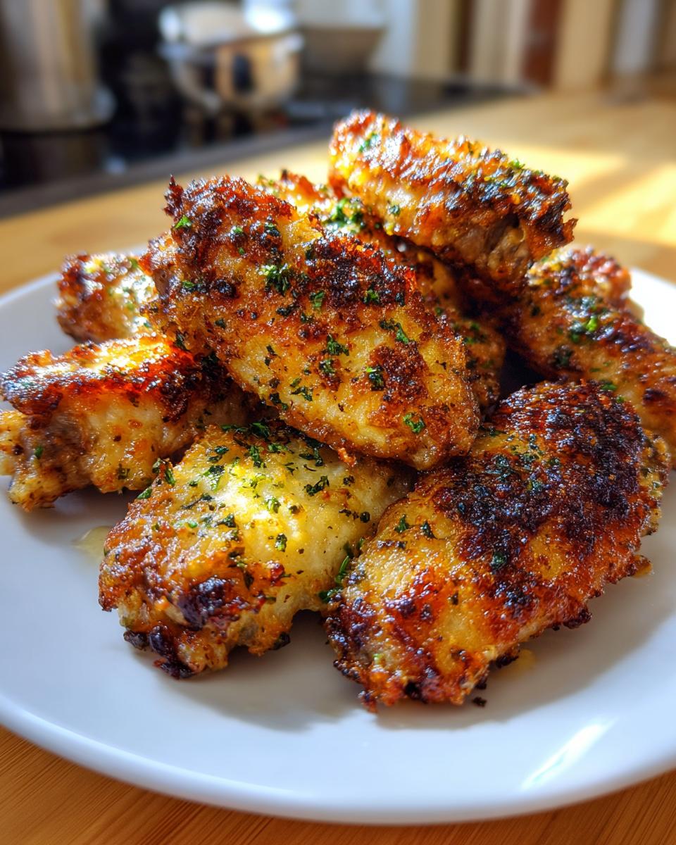 A close-up of perfectly cooked, crispy Garlic parmesan chicken wings piled on a white plate, garnished with parsley.