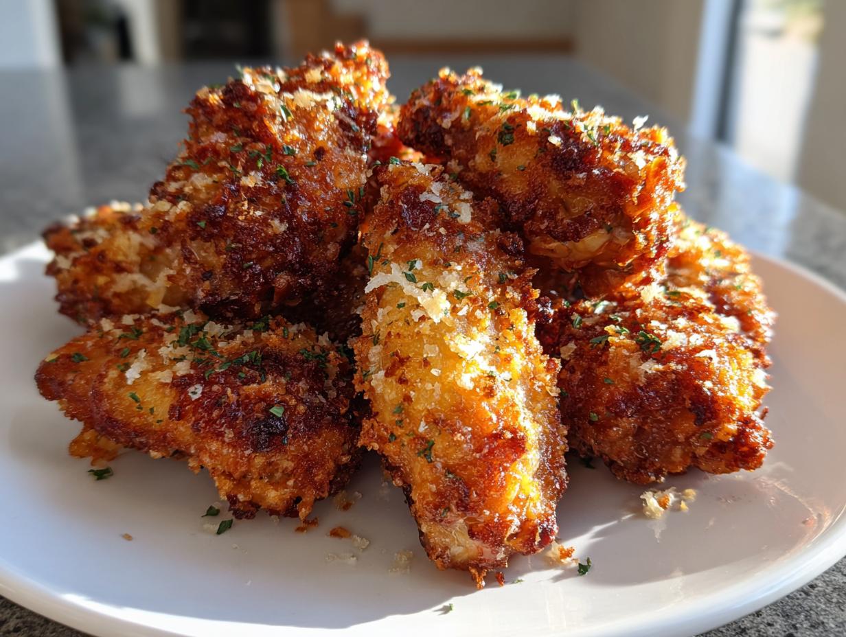 A close-up of crispy, golden-brown Garlic parmesan chicken wings sprinkled with grated cheese and parsley.