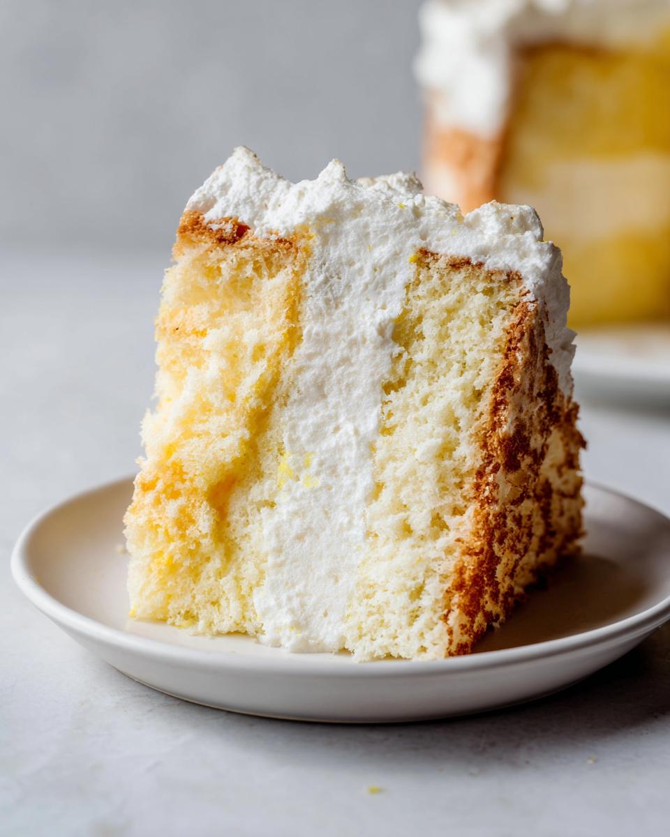 Close-up of a slice of light yellow Daffodil cake layered with thick white cream filling and topped with whipped cream.