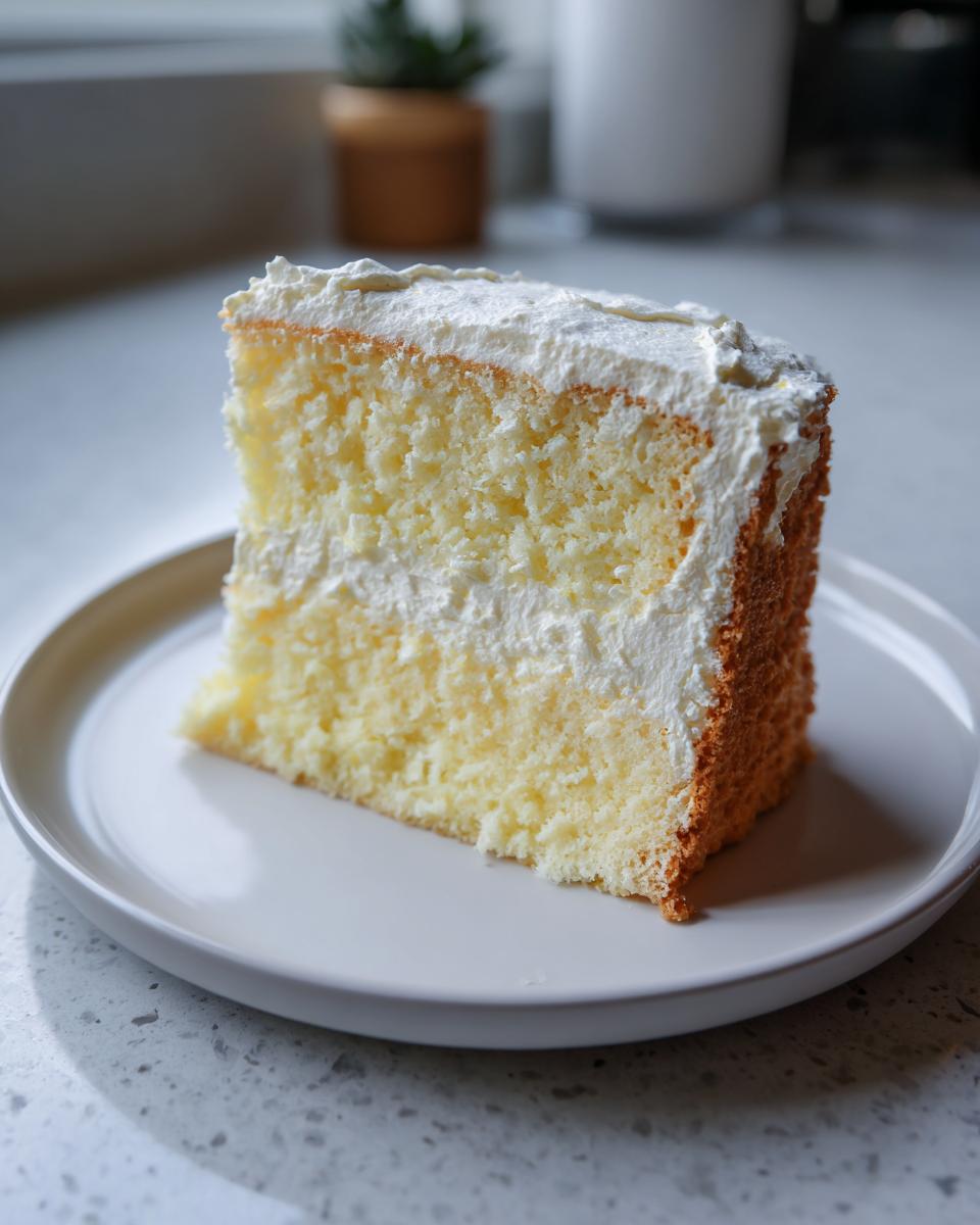 A perfect slice of light and airy Daffodil cake layered with white whipped cream frosting on a white plate.
