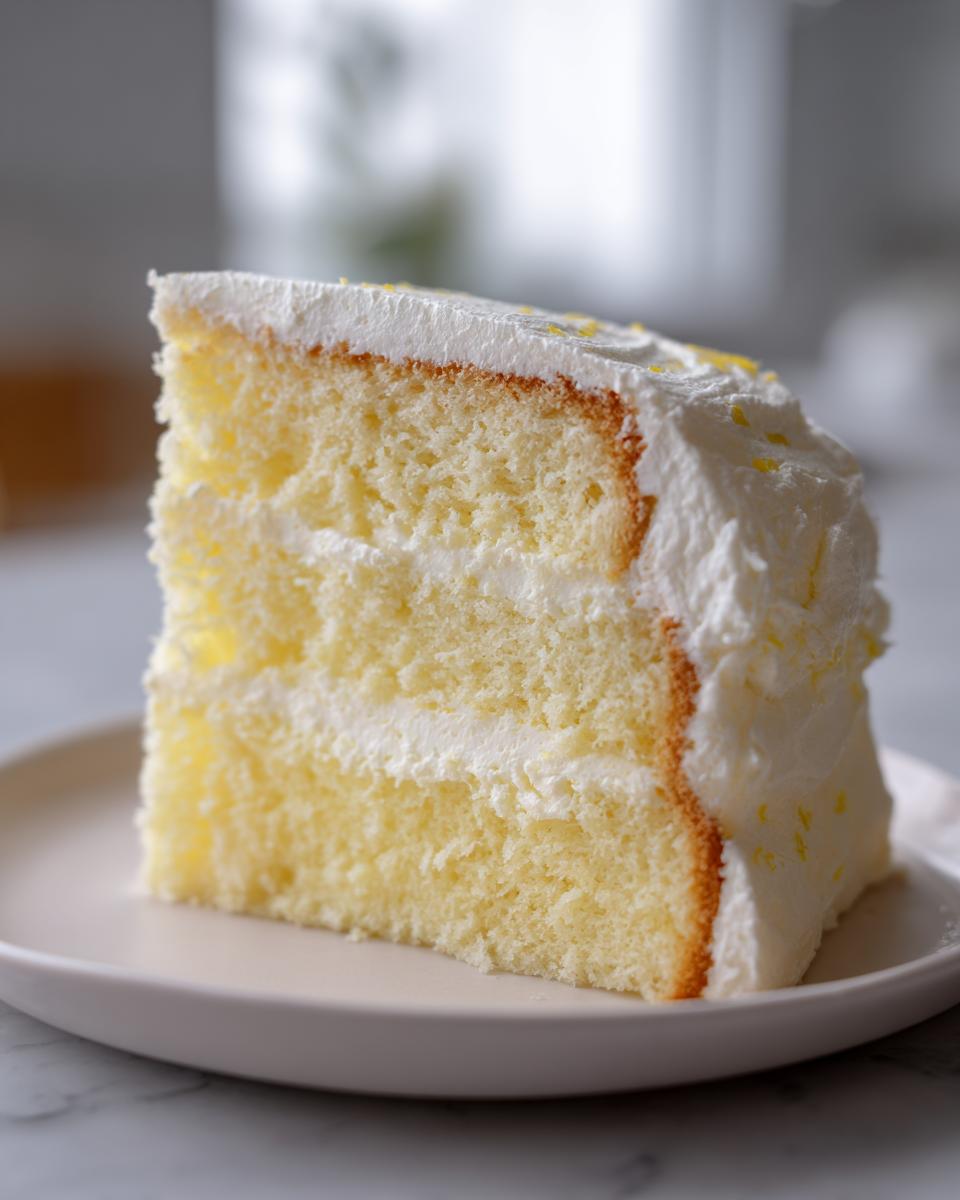 Close-up of a moist slice of Daffodil cake showing three layers of yellow sponge and white frosting.