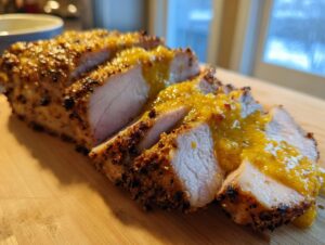 Close-up of a sliced Dijon rubbed pork loin roast drizzled with a bright yellow mustard glaze on a wooden cutting board.