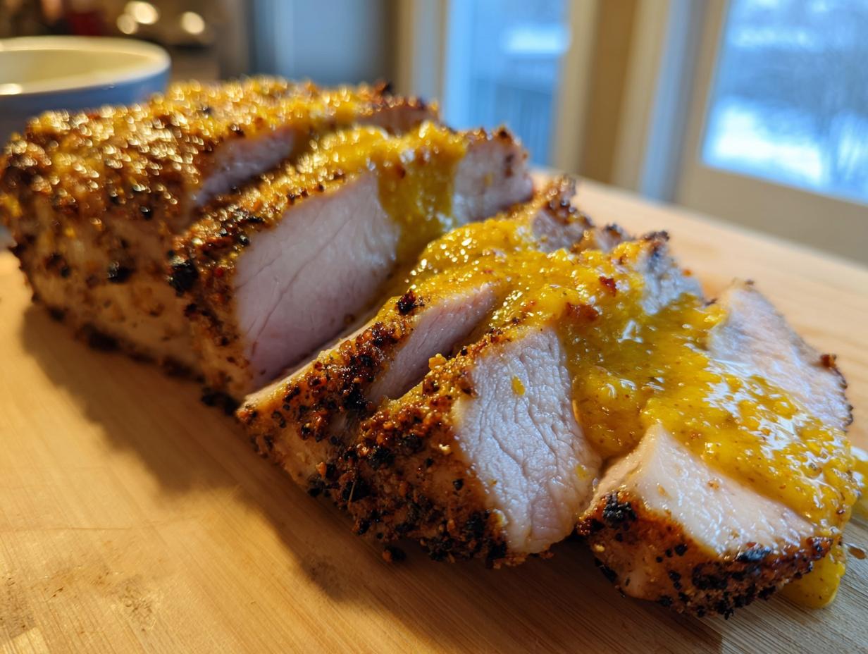 Close-up of a sliced Dijon rubbed pork loin roast drizzled with a bright yellow mustard glaze on a wooden cutting board.