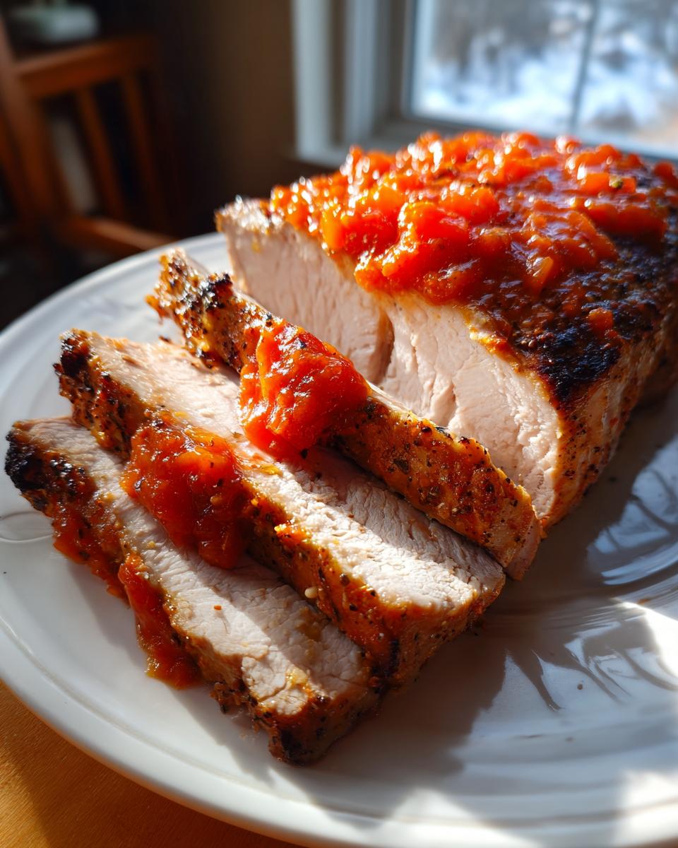 A sliced Dijon rubbed pork loin roast topped with a vibrant red tomato sauce, served on a white plate.