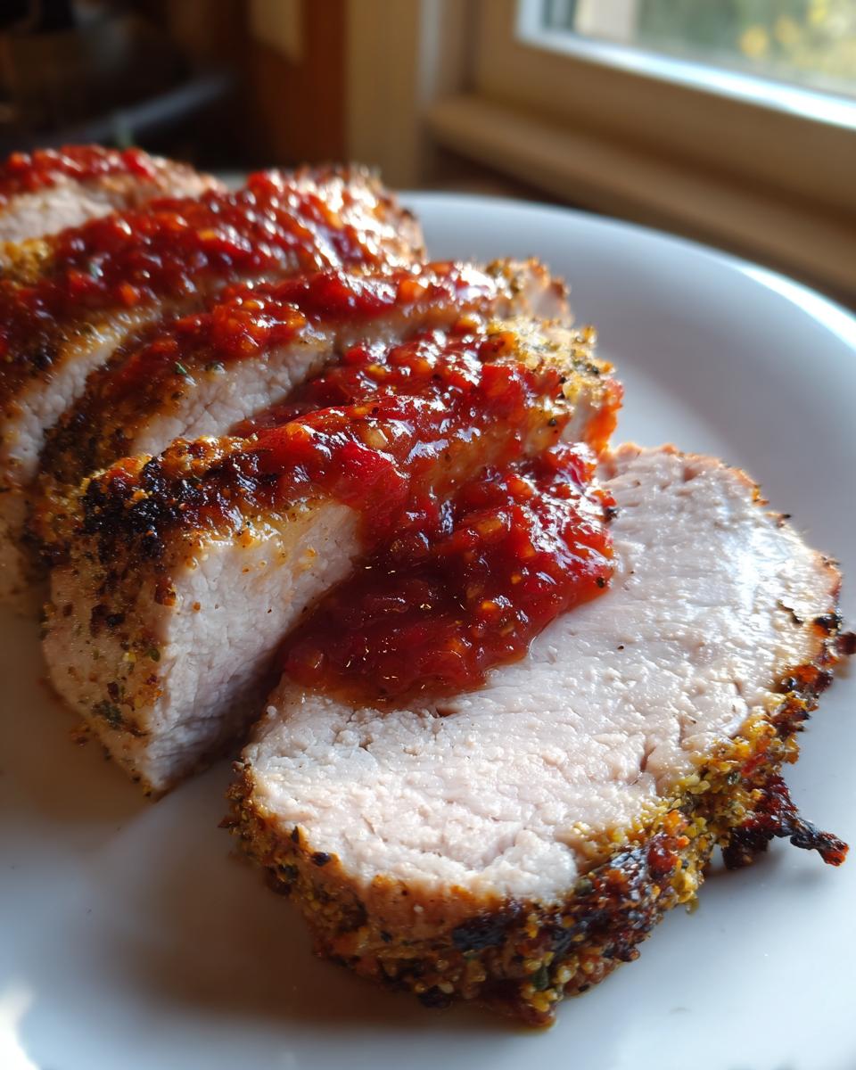 Close-up of sliced Dijon rubbed pork loin roast, topped with a spoonful of bright red sauce.