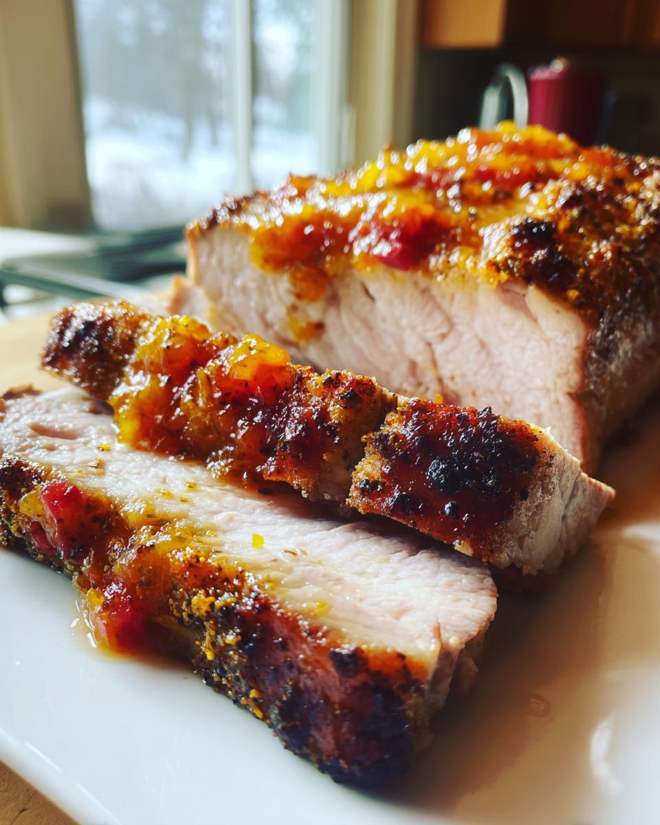 Close-up of sliced Dijon rubbed pork loin roast topped with a glistening, orange-hued glaze.