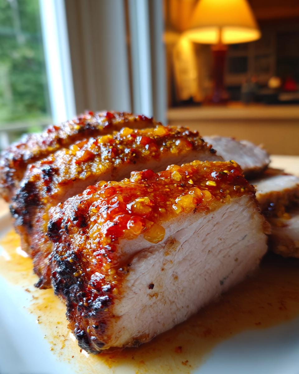 Close-up of thick slices of Dijon rubbed pork loin roast with a glistening, chunky orange glaze.