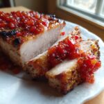 Close-up of sliced Dijon rubbed pork loin roast topped with a bright red, chunky fruit or pepper relish.