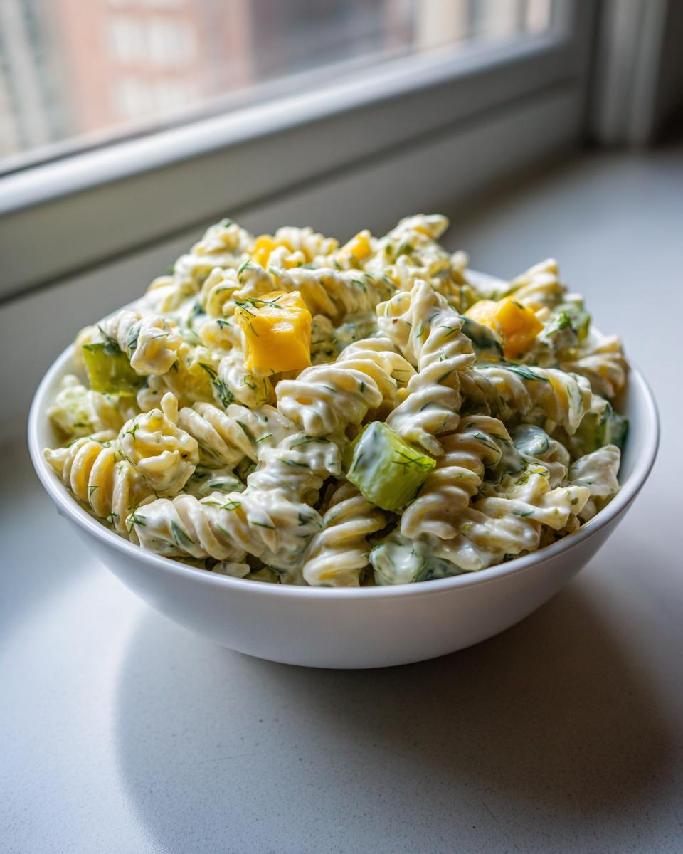A white bowl filled with creamy Dill pickle pasta salad featuring rotini pasta, chunks of pickle, and fresh dill.