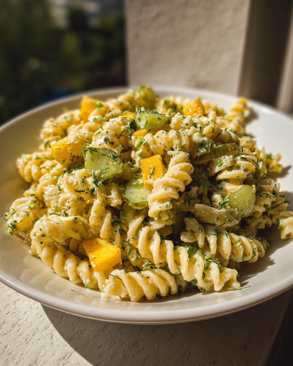 Close-up of a bowl filled with creamy Dill pickle pasta salad featuring rotini pasta, pickles, and yellow bell pepper pieces.