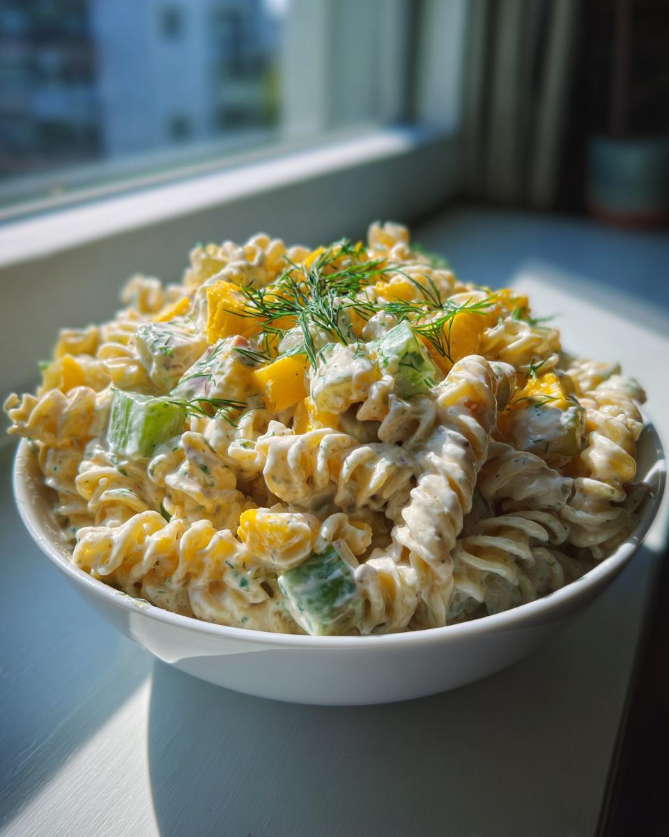 A bowl of creamy Dill pickle pasta salad featuring rotini pasta, yellow chunks (likely pickles or peppers), and fresh dill garnish.