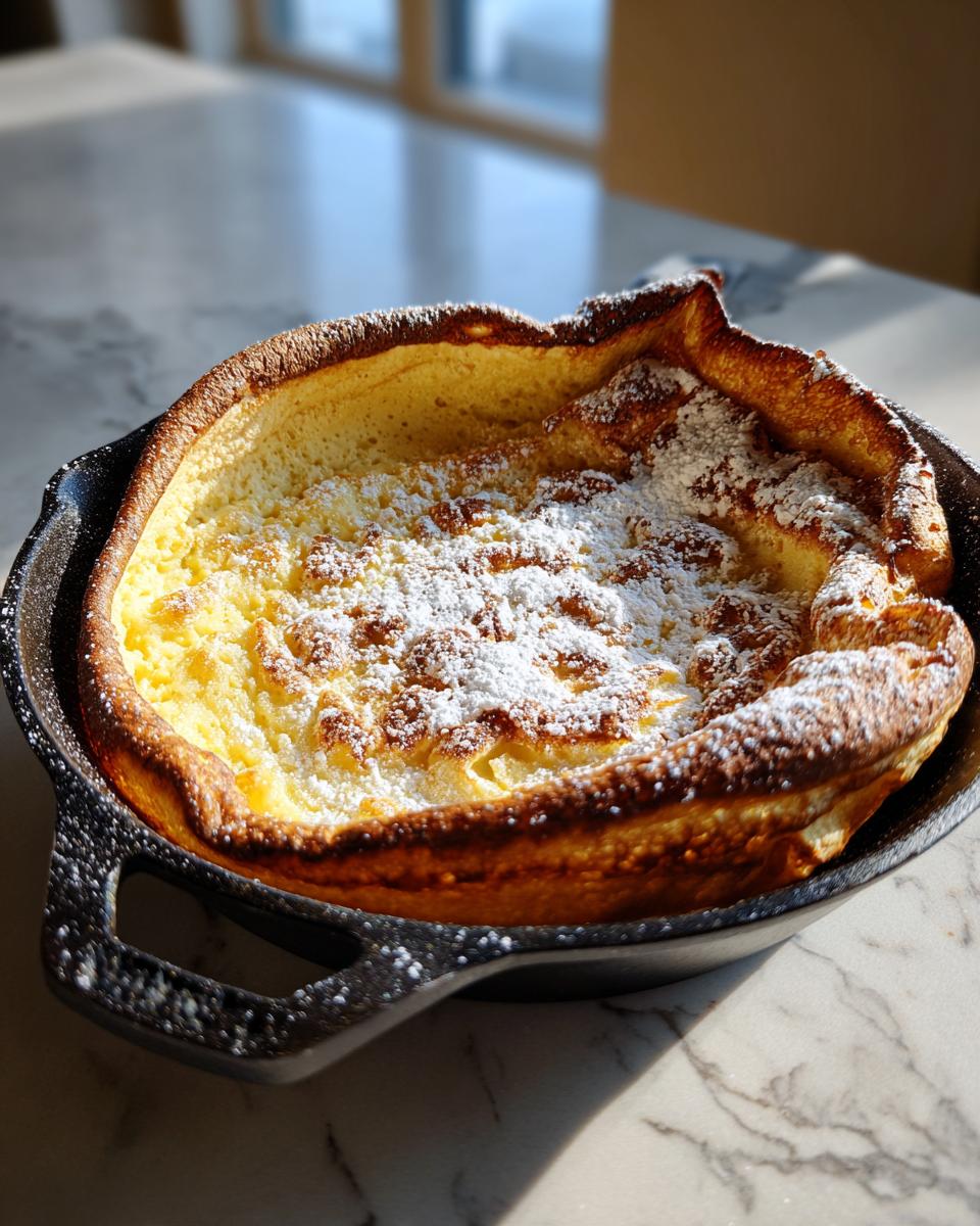 A golden brown Dutch baby pancake, puffed high in a cast iron skillet and dusted with powdered sugar.