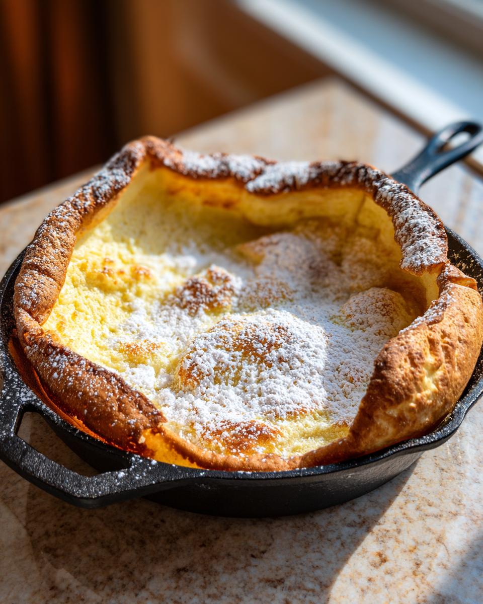 A golden, puffed Dutch baby pancake dusted heavily with powdered sugar, sitting in a black cast iron skillet.