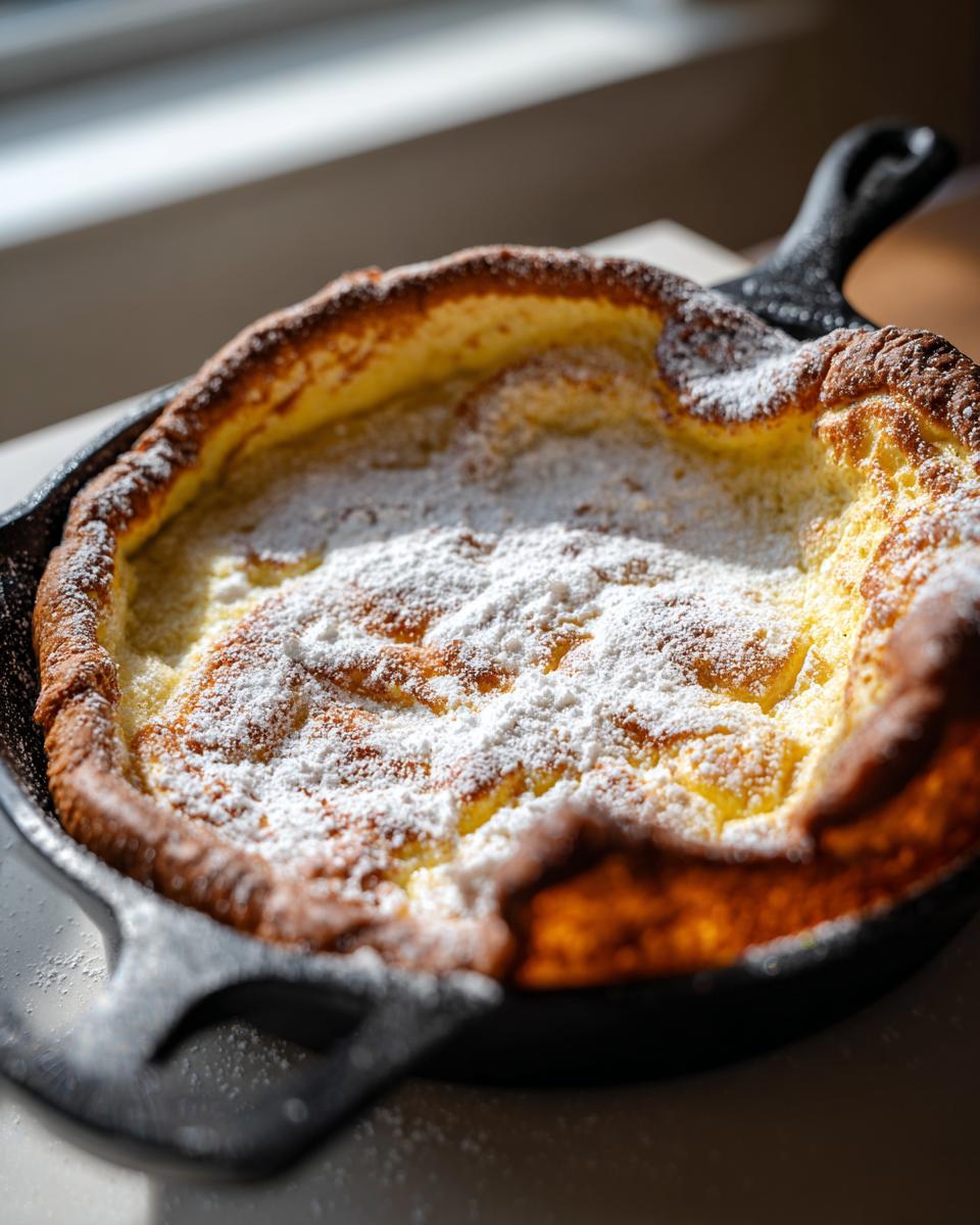 A golden brown Dutch baby pancake dusted heavily with powdered sugar, fresh from the oven in a cast iron skillet.
