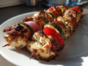 Close-up of juicy, herb-marinated grilled chicken kabobs featuring chicken, zucchini, red pepper, and red onion on a white plate.