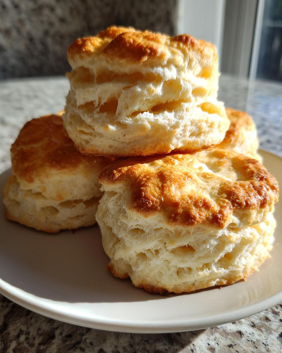 A stack of four golden-brown, tall, and flaky buttermilk biscuits resting on a light-colored plate.