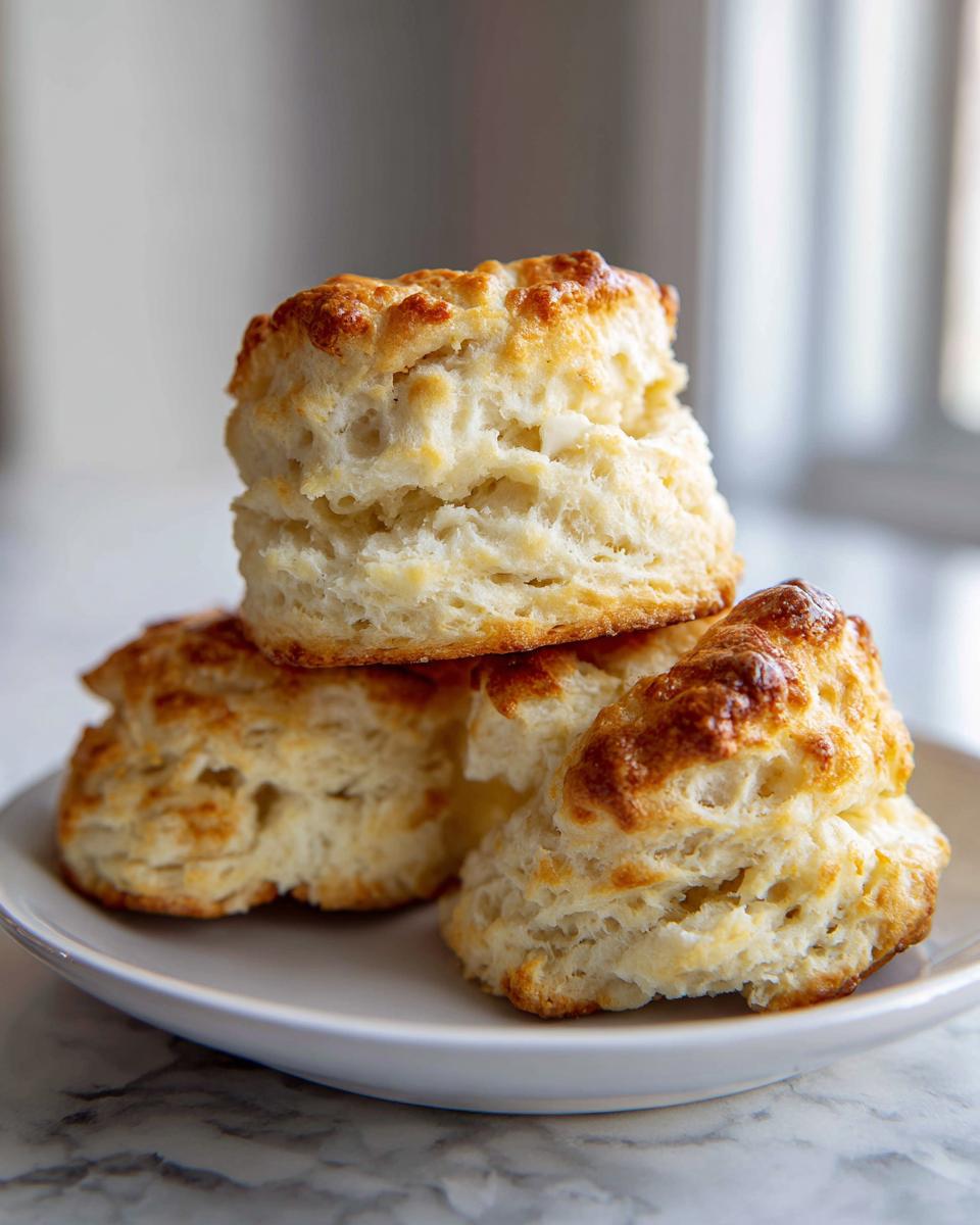 Close-up of three golden-brown, tall, and flaky buttermilk biscuits stacked on a white plate.
