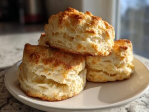 A stack of four tall, flaky buttermilk biscuits with golden brown tops resting on a white plate.