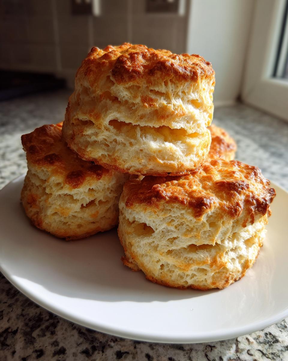 Close-up of several tall, flaky buttermilk biscuits with golden-brown tops stacked on a white plate.