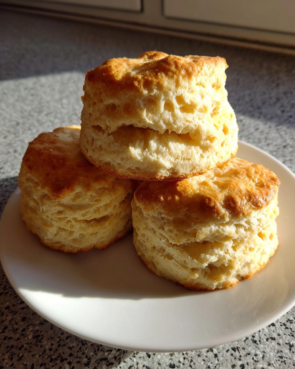 Three golden brown, tall, and flaky buttermilk biscuits stacked on a white plate, highlighted by sunlight.