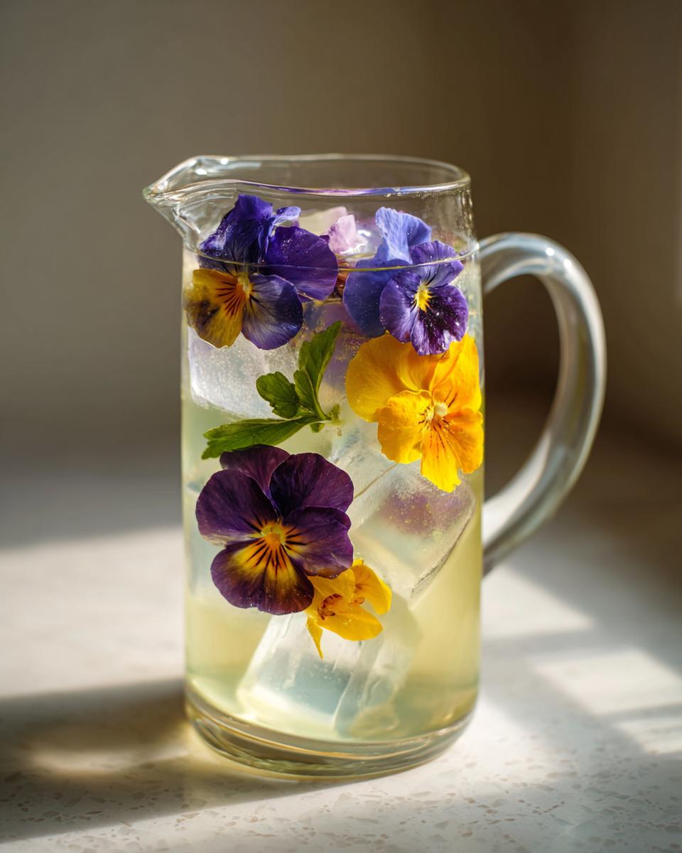 A glass pitcher filled with a light yellow drink and large ice cubes featuring vibrant purple and yellow floral ice cubes.