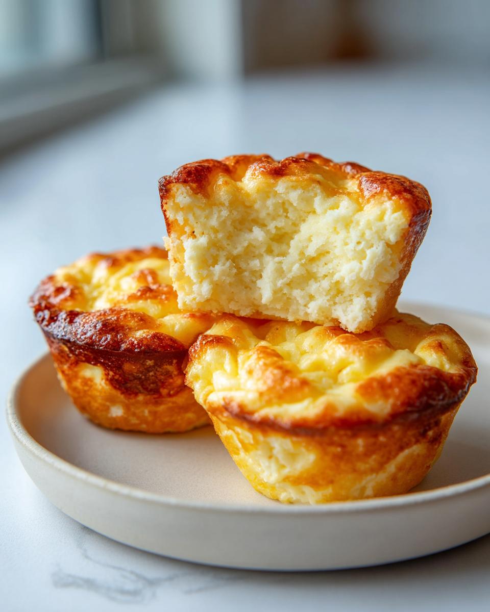 Three golden-brown Cottage cheese egg bites stacked on a plate, one cut open to show the fluffy interior.