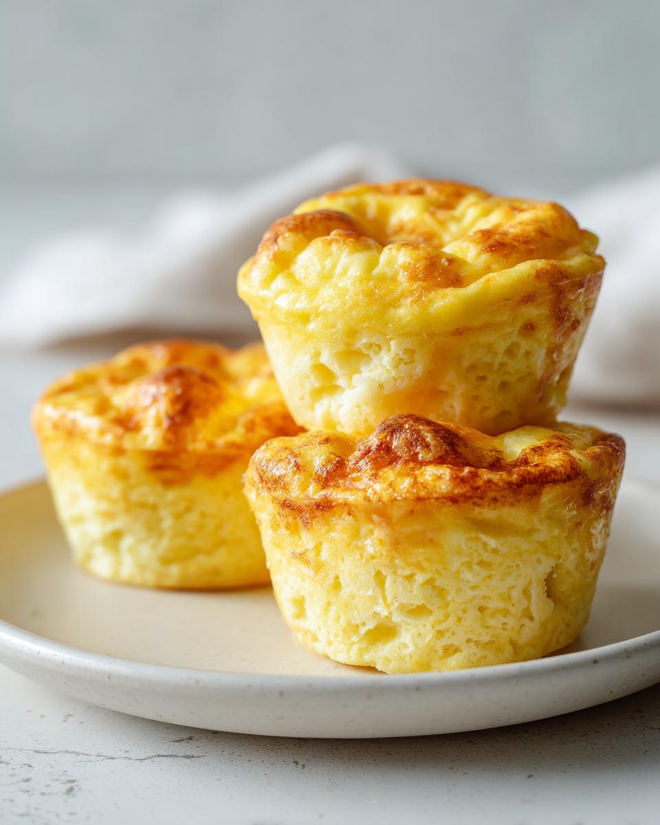 Three golden-brown Cottage cheese egg bites stacked and resting on a light-colored plate.