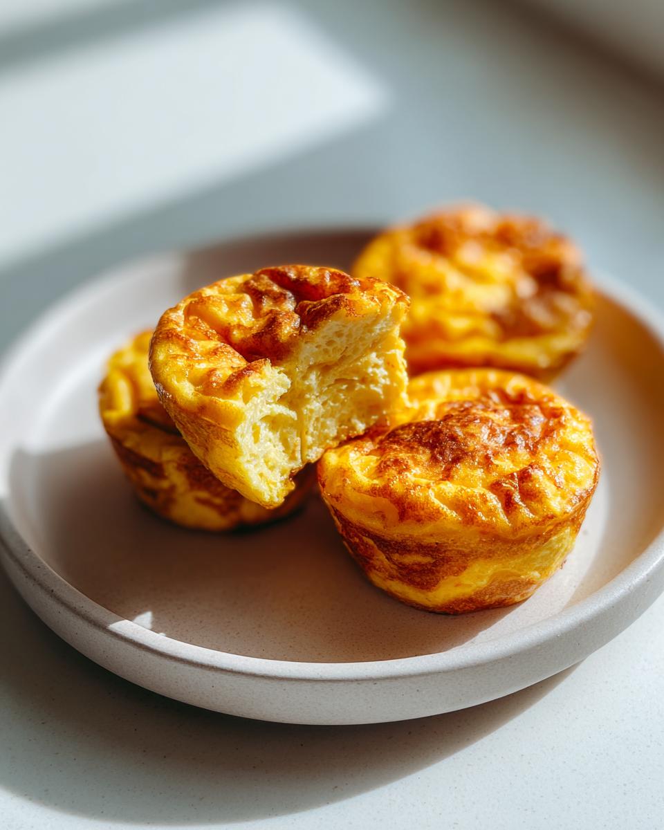 Three golden-brown Cottage cheese egg bites served on a light ceramic plate, one bite is broken open showing the fluffy interior.
